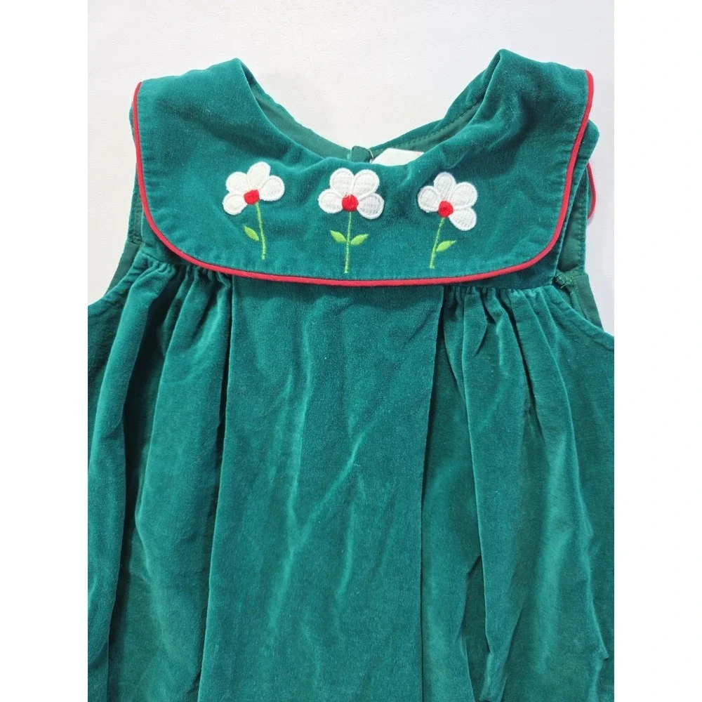 Vintage 90s Toddler Green Velvet Dress Floral Embroidery Size 4T Cotton